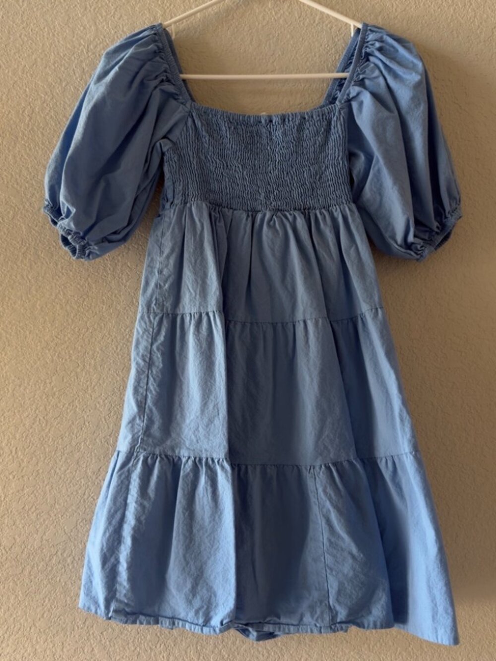 Charming Blue Square-Neck Tiered Mini Dress – Size S